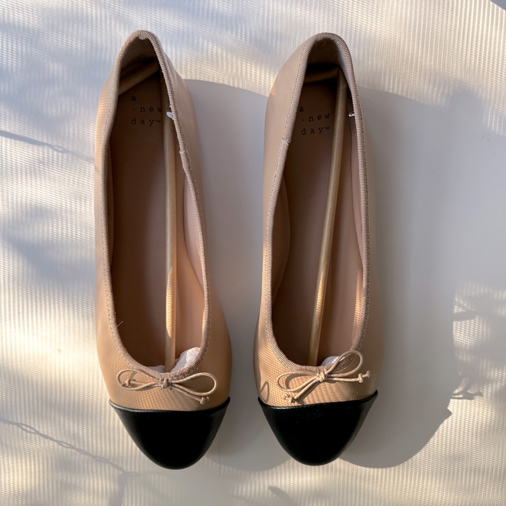 A New Day Beige and Black Cap Toe Flats